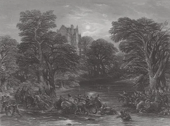 De Schotten achtervolgd na de Slag bij Preston, gegraveerd door J.C. Varrall, 1844